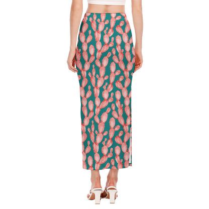 Pink Cactus Pattern Print Side Slit Maxi Skirt