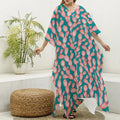 Pink Cactus Pattern Print Silk V-Neck Kaftan Dress