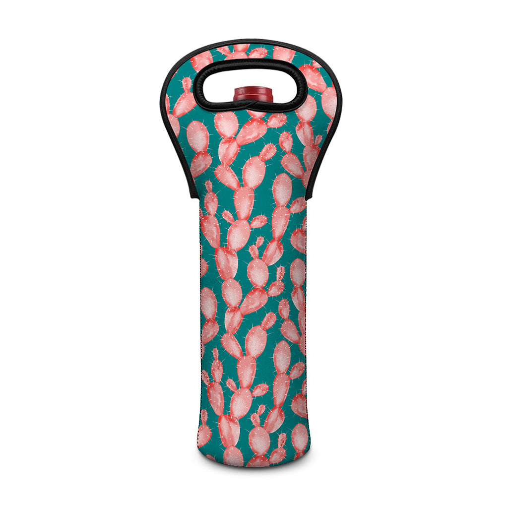 Pink Cactus Pattern Print Single Neoprene Wine Tote
