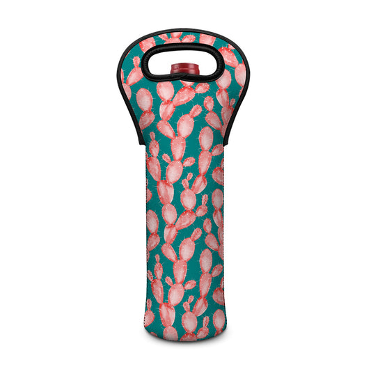 Pink Cactus Pattern Print Single Neoprene Wine Tote