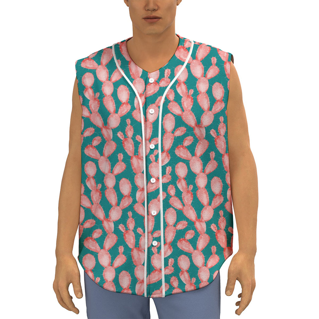 Pink Cactus Pattern Print Sleeveless Baseball Jersey