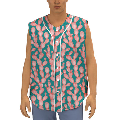 Pink Cactus Pattern Print Sleeveless Baseball Jersey