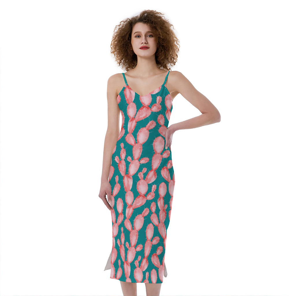 Pink Cactus Pattern Print Slim Fit Midi Cami Dress