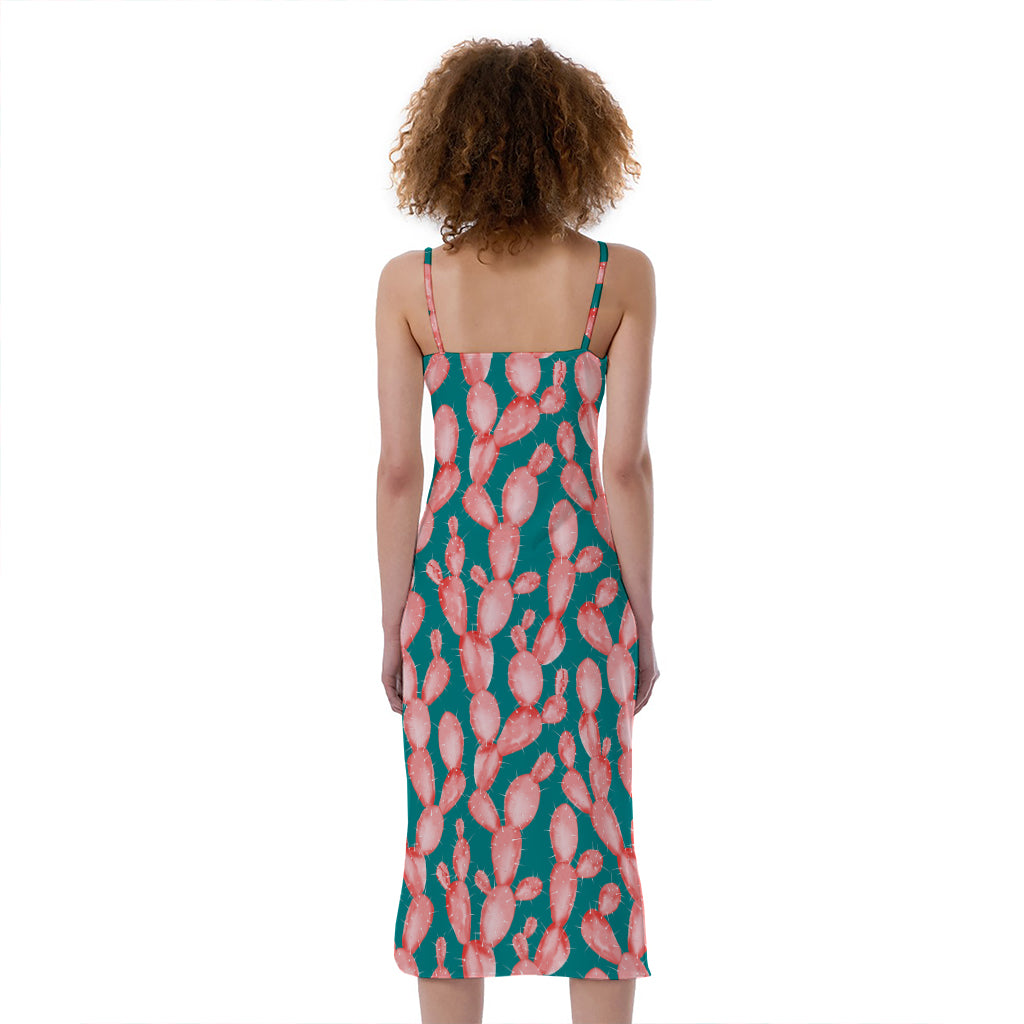 Pink Cactus Pattern Print Slim Fit Midi Cami Dress