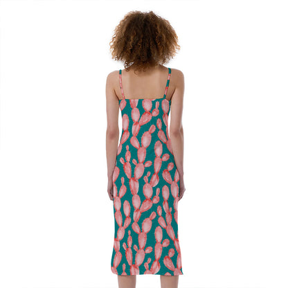 Pink Cactus Pattern Print Slim Fit Midi Cami Dress