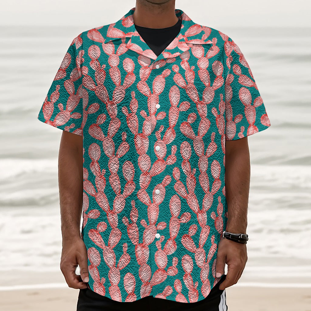 Pink Cactus Pattern Print Textured Short Sleeve Shirt