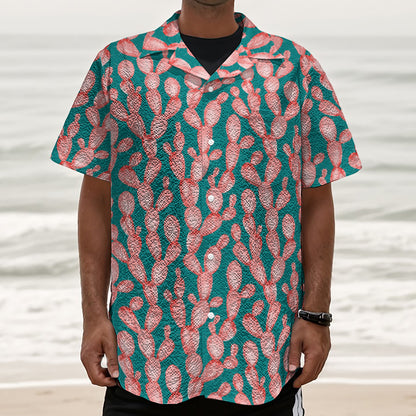 Pink Cactus Pattern Print Textured Short Sleeve Shirt