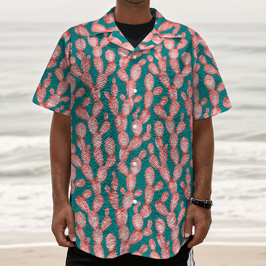 Pink Cactus Pattern Print Textured Short Sleeve Shirt