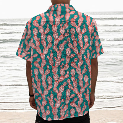 Pink Cactus Pattern Print Textured Short Sleeve Shirt