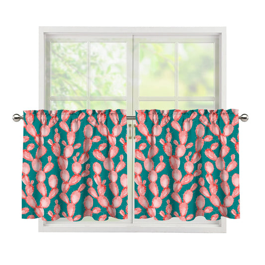 Pink Cactus Pattern Print Tier Curtains