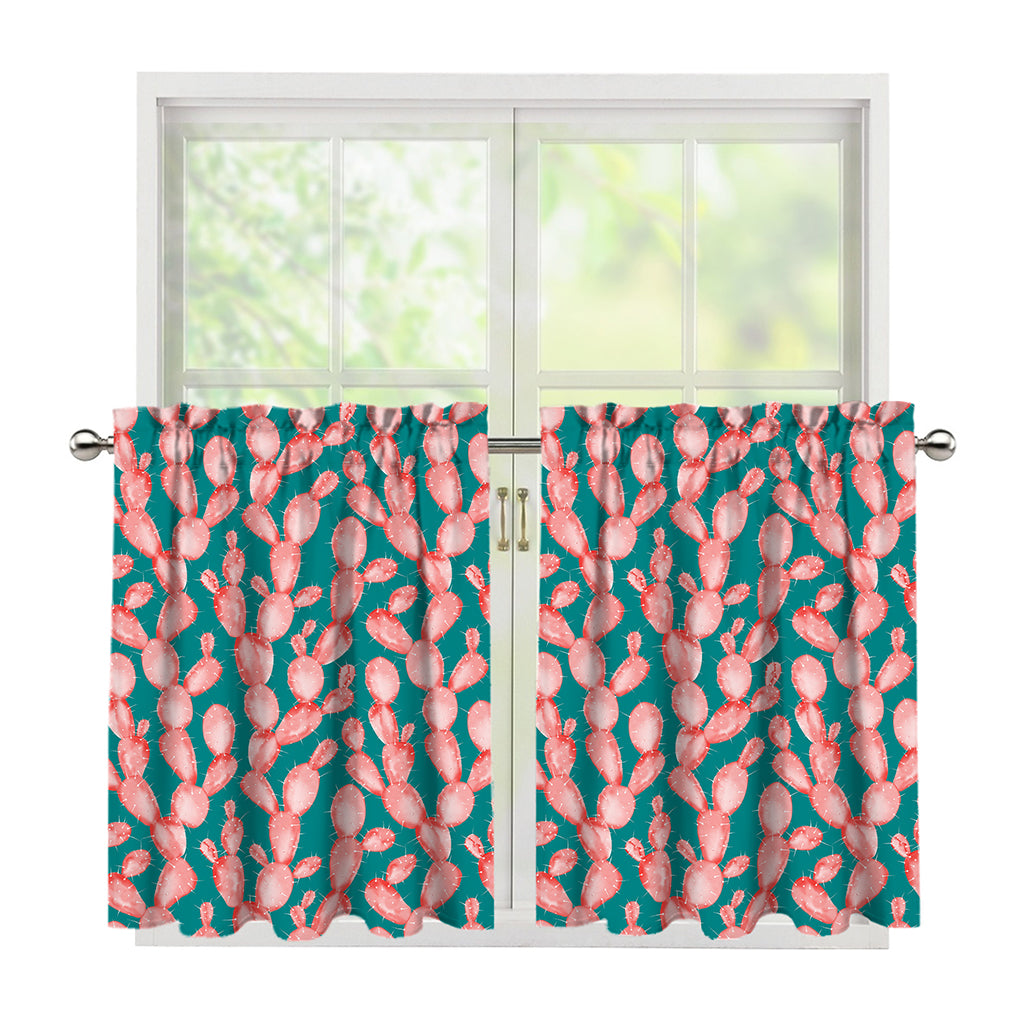 Pink Cactus Pattern Print Tier Curtains