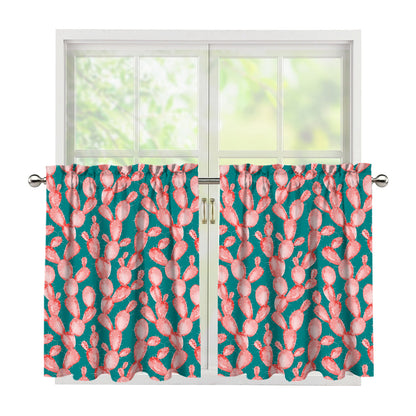 Pink Cactus Pattern Print Tier Curtains