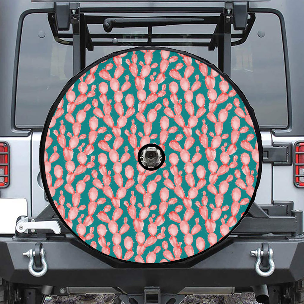 Pink Cactus Pattern Print Tire Cover With Camera Hole