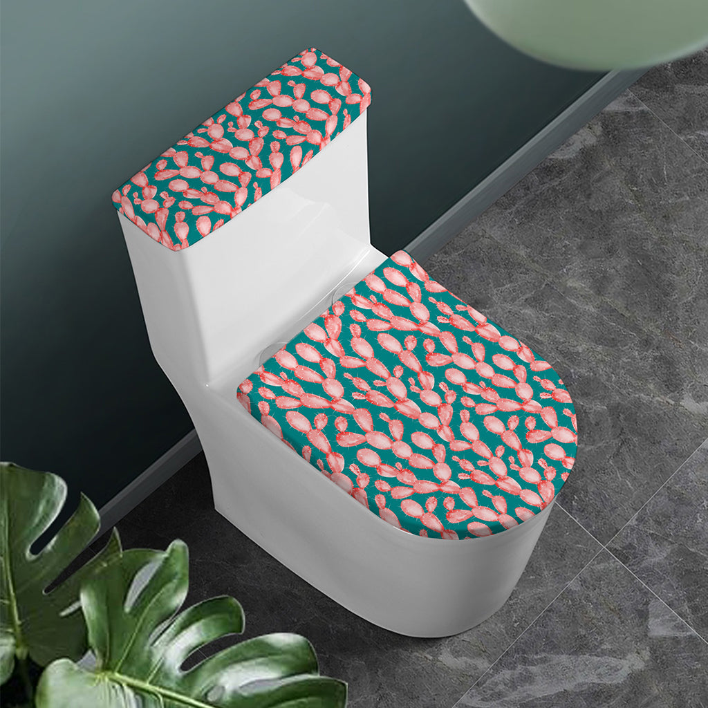 Pink Cactus Pattern Print Toilet Lid And Tank Cover Set