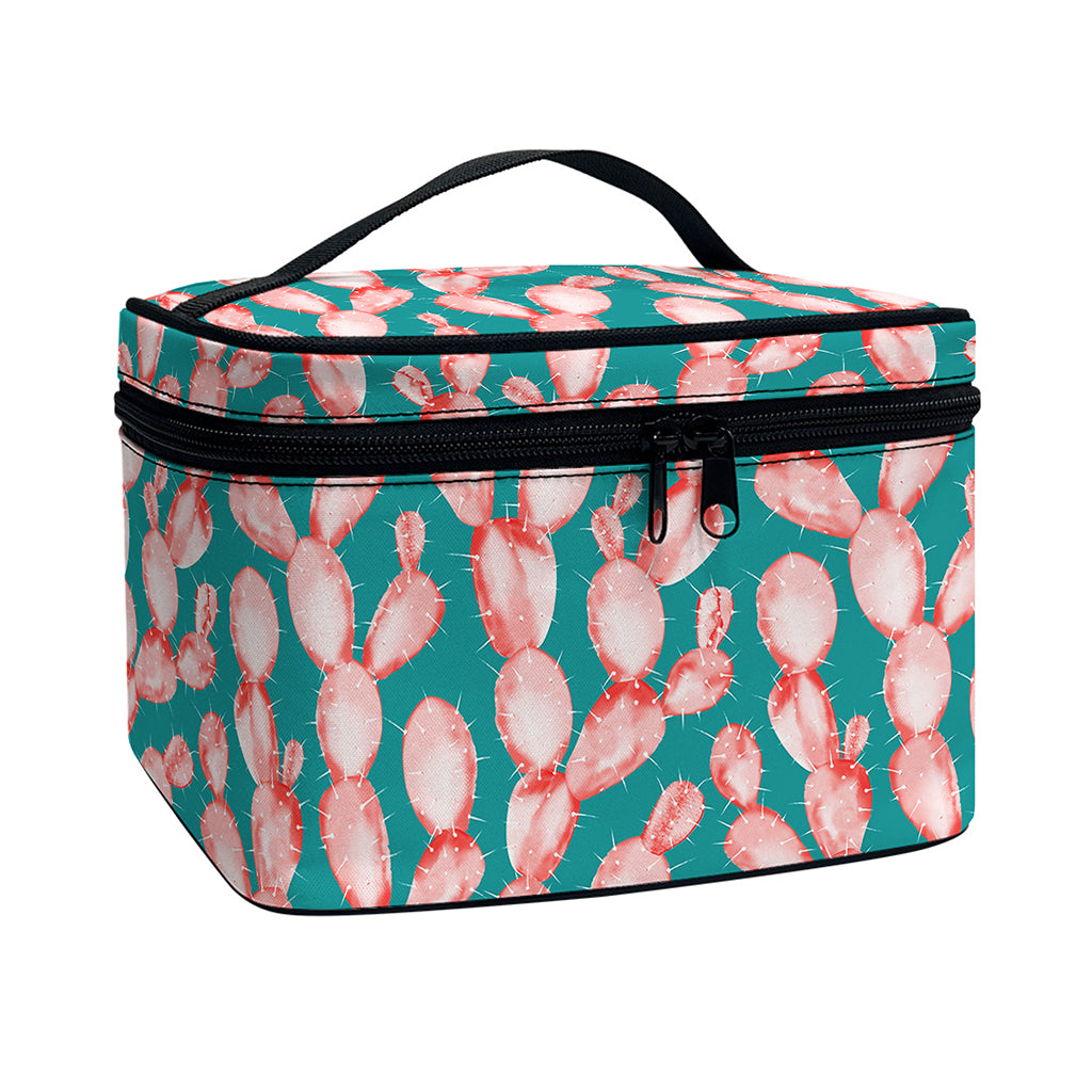 Pink Cactus Pattern Print Travel Makeup Bag