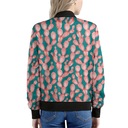 Pink Cactus Pattern Print Women's Bomber Jacket