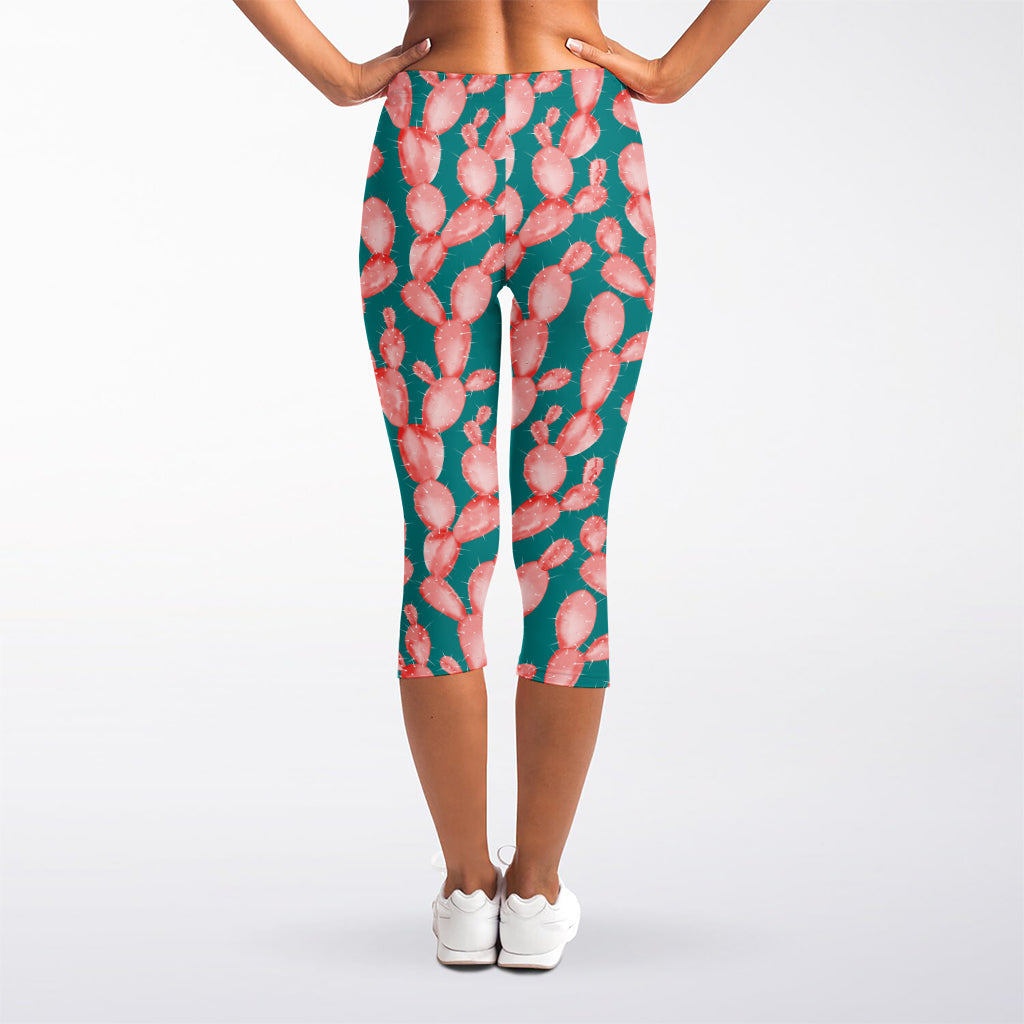 Pink Cactus Pattern Print Women's Capri Leggings