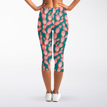 Pink Cactus Pattern Print Women's Capri Leggings