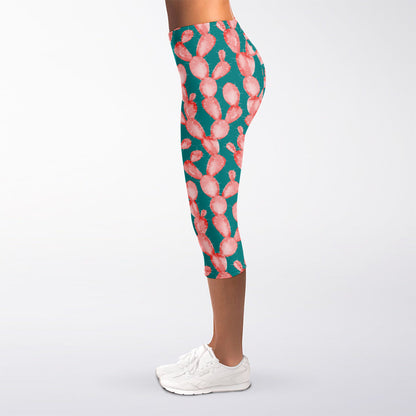 Pink Cactus Pattern Print Women's Capri Leggings