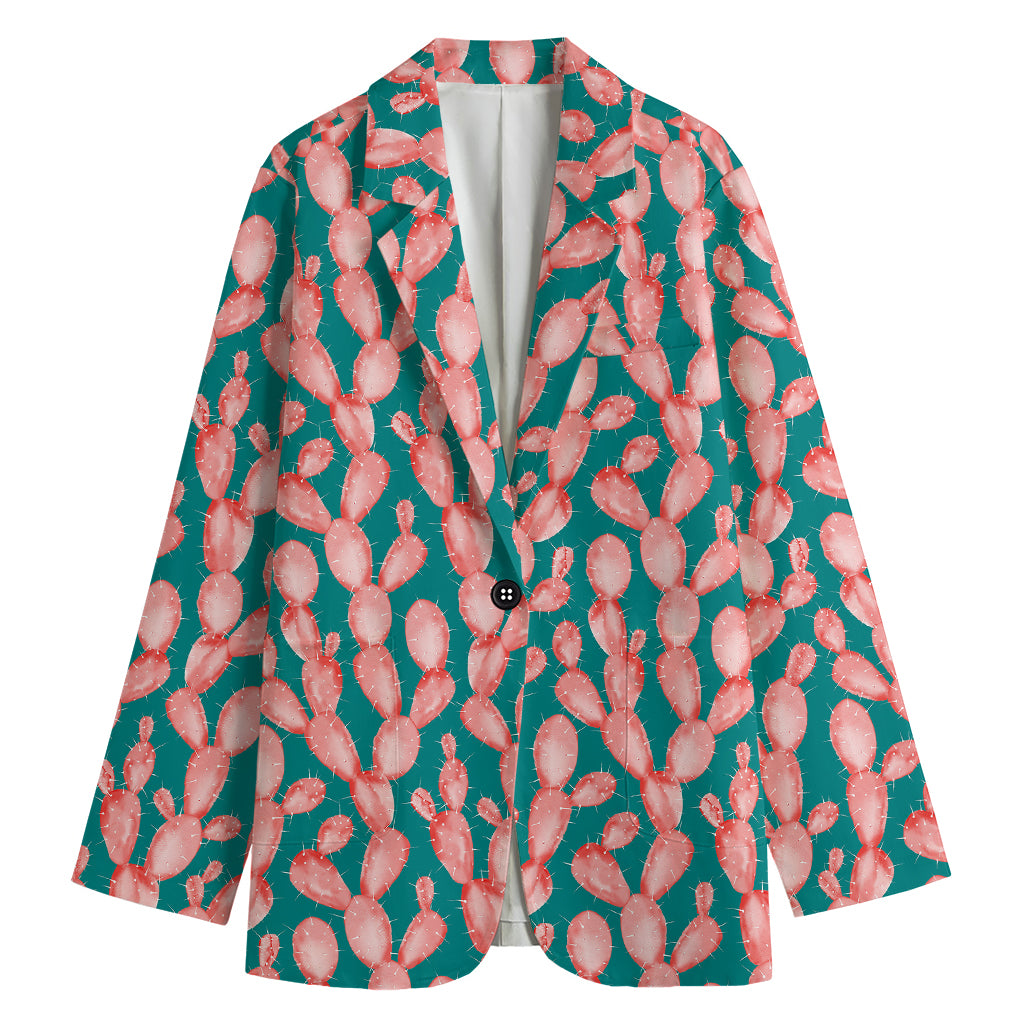 Pink Cactus Pattern Print Women's Cotton Blazer