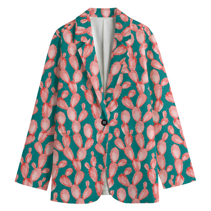 Pink Cactus Pattern Print Women's Cotton Blazer