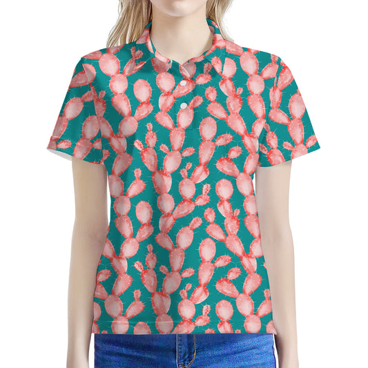 Pink Cactus Pattern Print Women's Polo Shirt