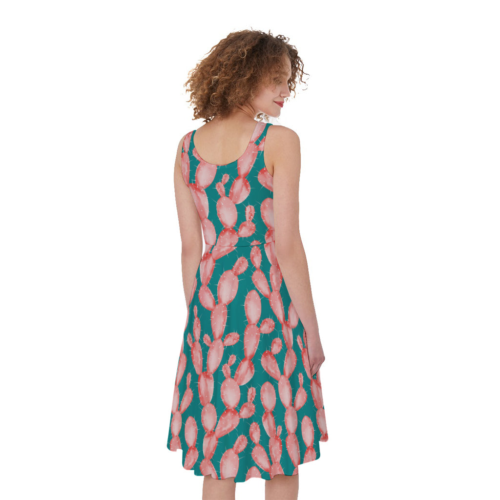Pink Cactus Pattern Print Women's Sleeveless Dress