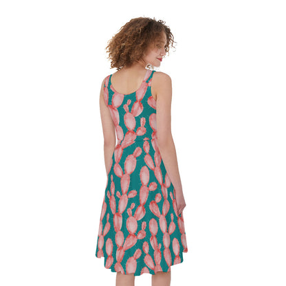 Pink Cactus Pattern Print Women's Sleeveless Dress