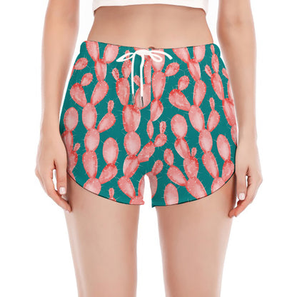 Pink Cactus Pattern Print Women's Split Running Shorts