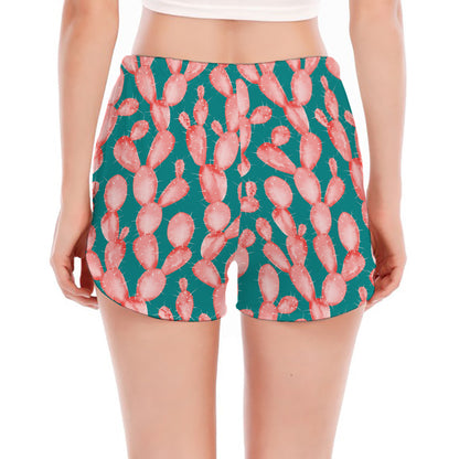 Pink Cactus Pattern Print Women's Split Running Shorts