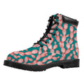 Pink Cactus Pattern Print Padded Collar Lace Up Boots