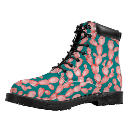 Pink Cactus Pattern Print Work Boots