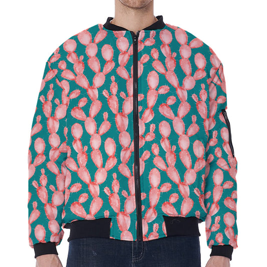 Pink Cactus Pattern Print Zip Sleeve Bomber Jacket