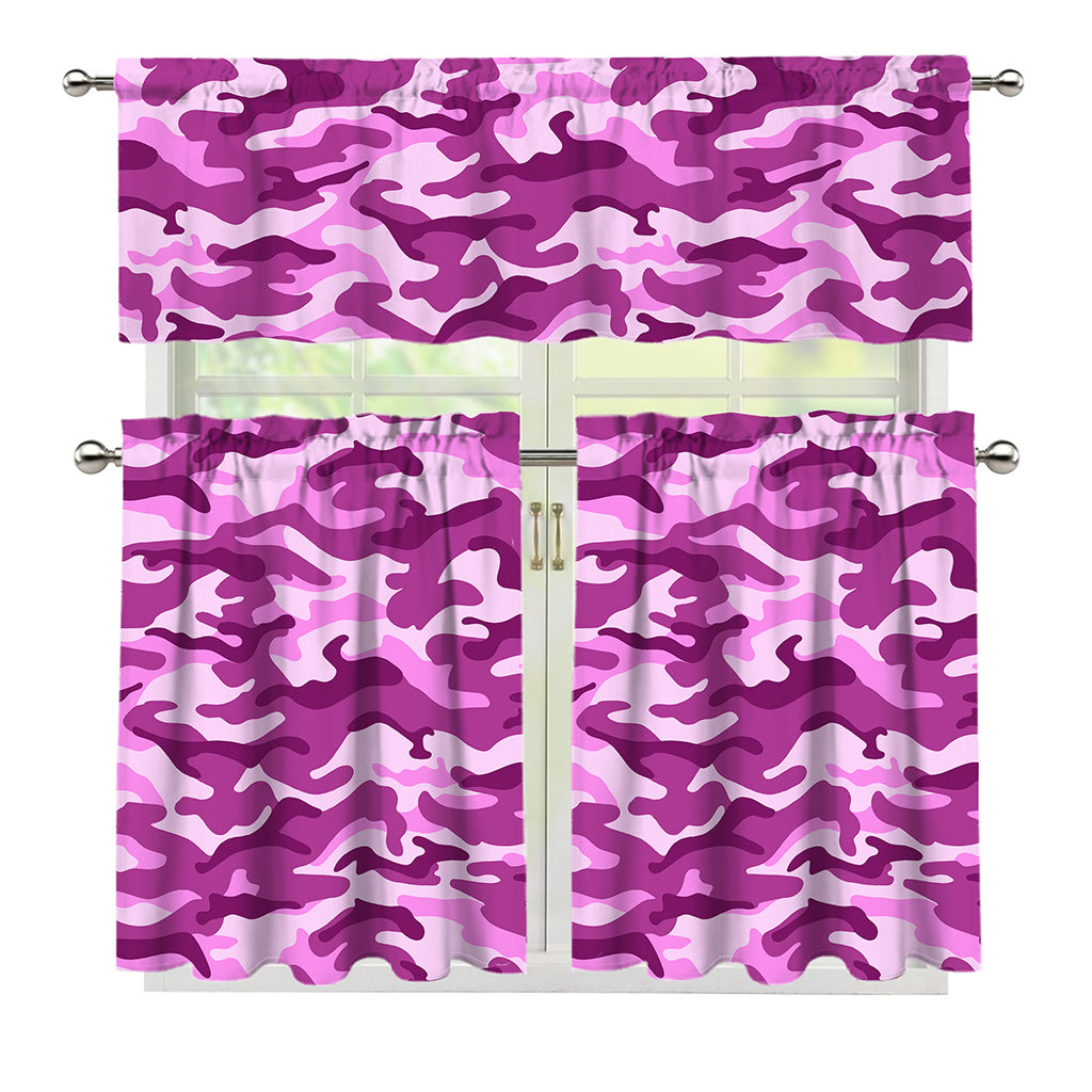 Pink Camouflage Print 3 Piece Kitchen Curtains