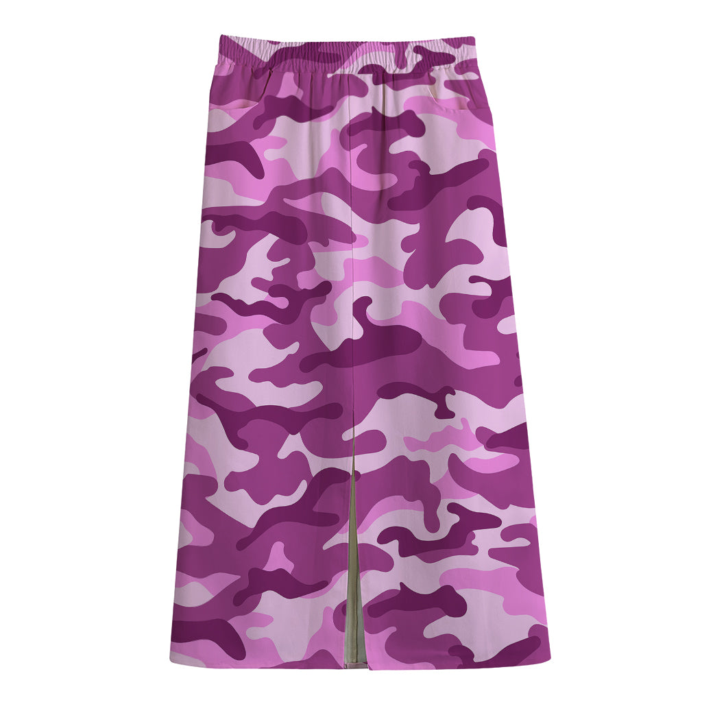 Pink Camouflage Print Cotton Front Slit Maxi Skirt