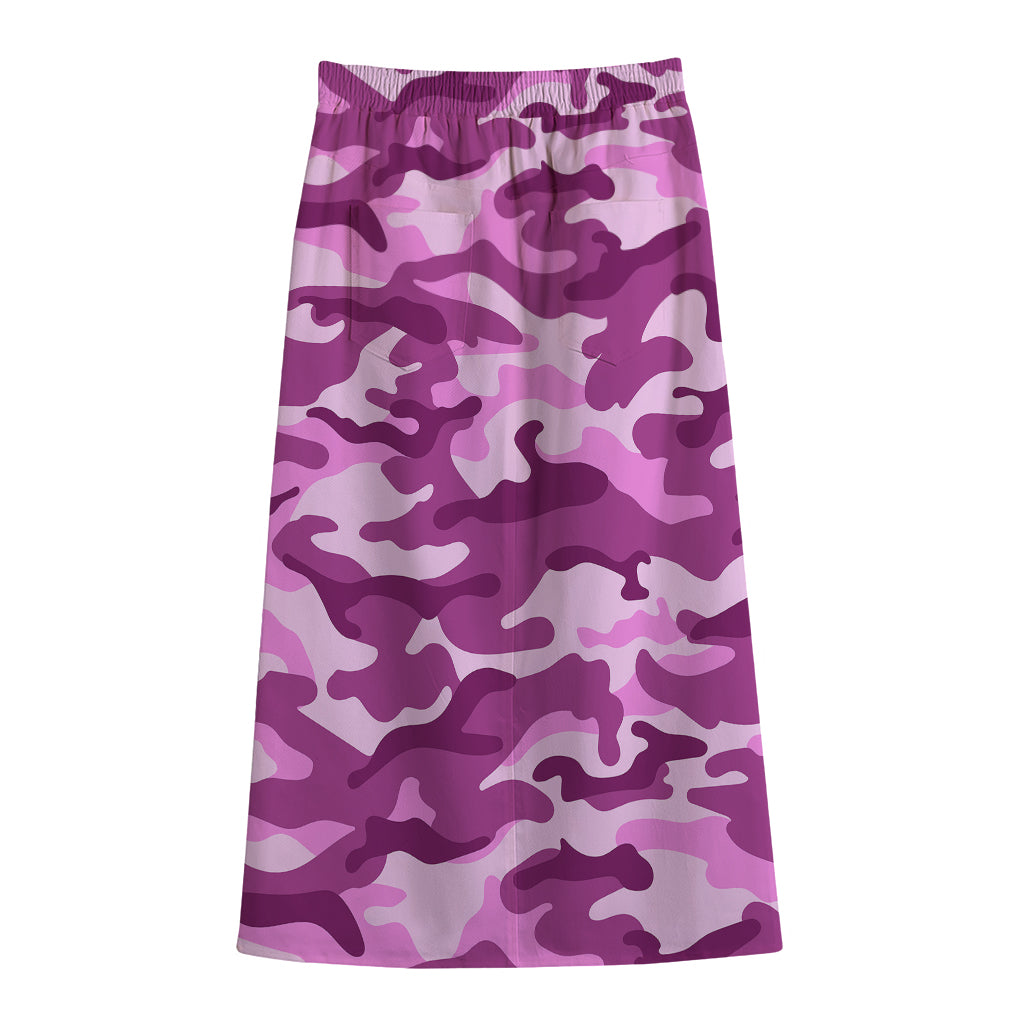Pink Camouflage Print Cotton Front Slit Maxi Skirt