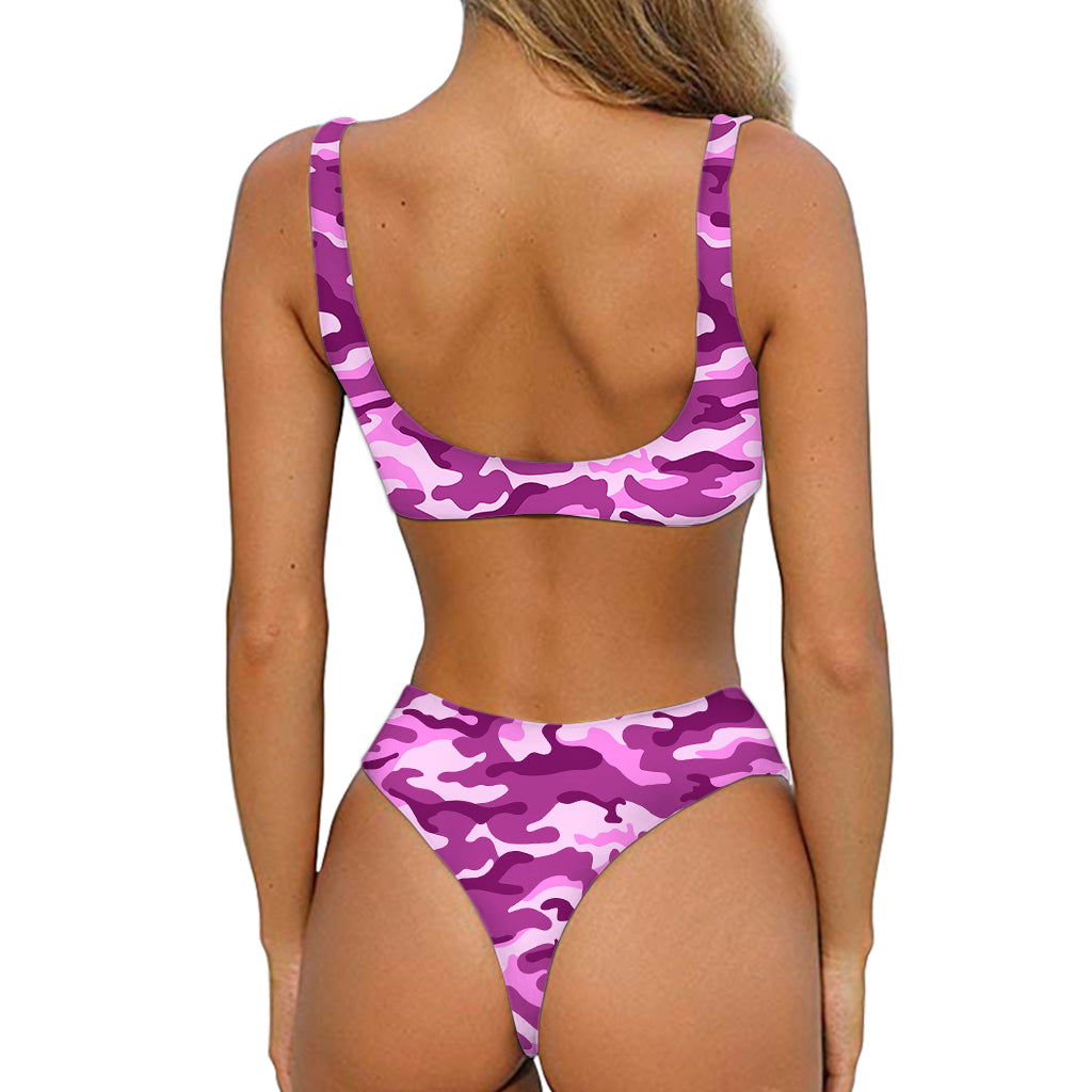 Pink Camouflage Print Front Bow Tie Bikini