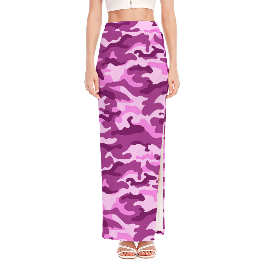 Pink Camouflage Print High Slit Maxi Skirt