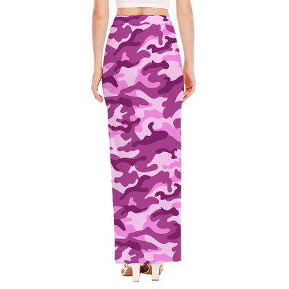 Pink Camouflage Print High Slit Maxi Skirt