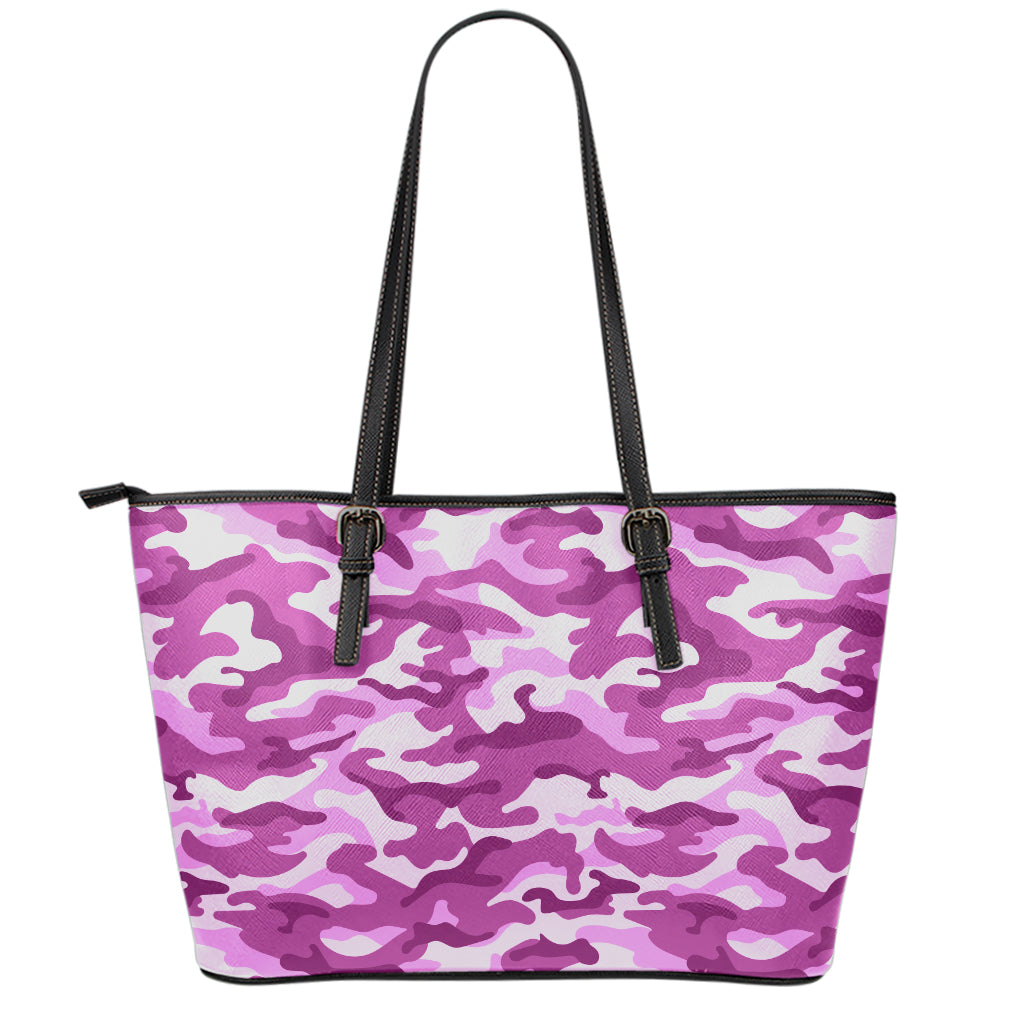 Pink Camouflage Print Leather Tote Bag