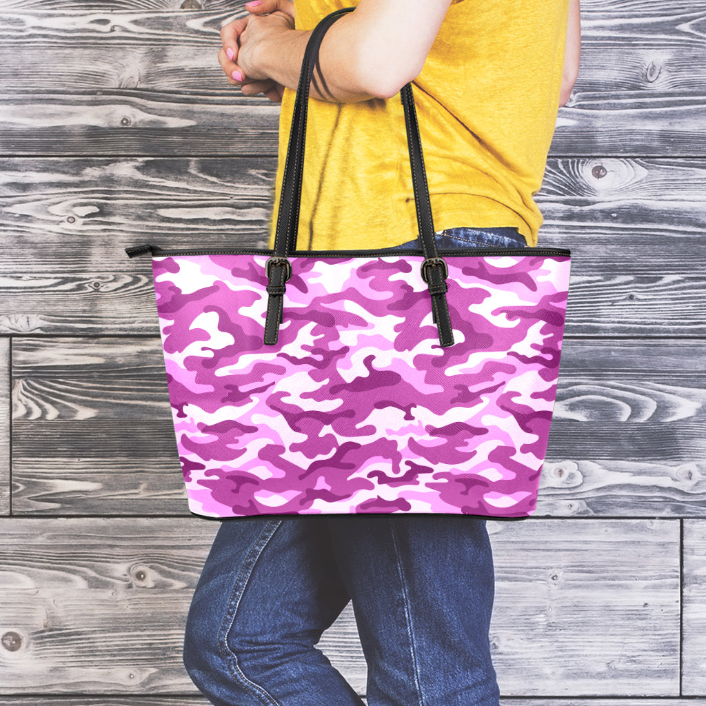 Pink Camouflage Print Leather Tote Bag