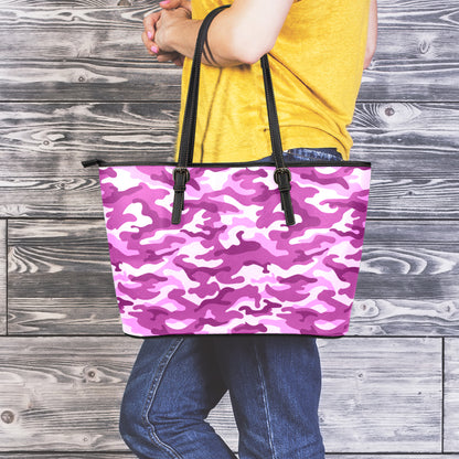 Pink Camouflage Print Leather Tote Bag