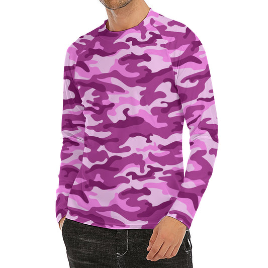 Pink Camouflage Print Men's Long Sleeve Rash Guard