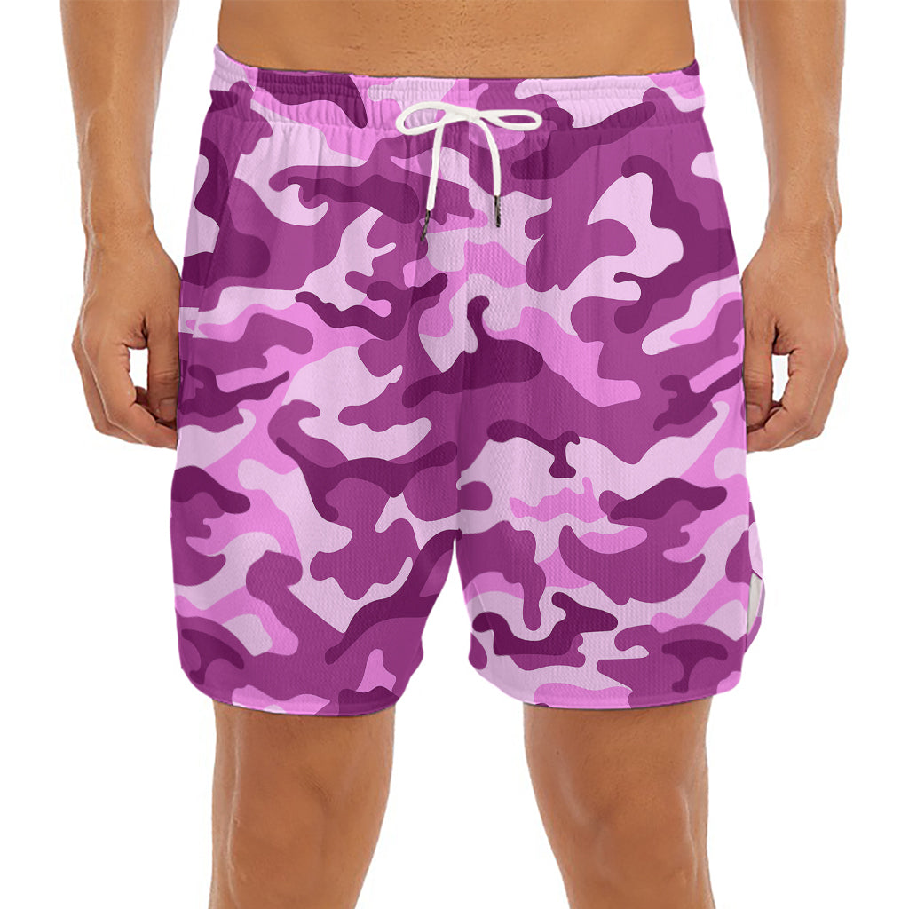 Pink Camouflage Print Men's Split Running Shorts