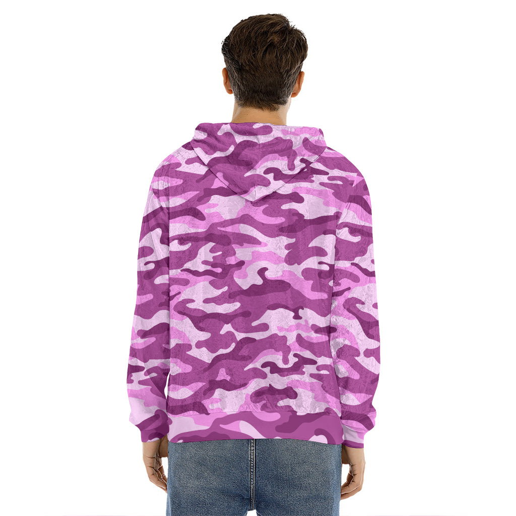 Pink Camouflage Print Men's Velvet Pullover Hoodie