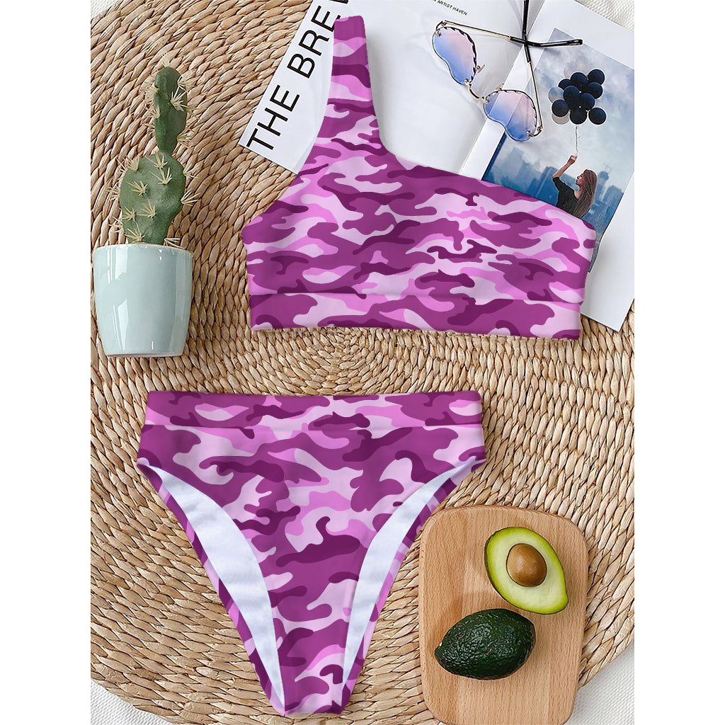 Pink Camouflage Print One Shoulder Bikini Top