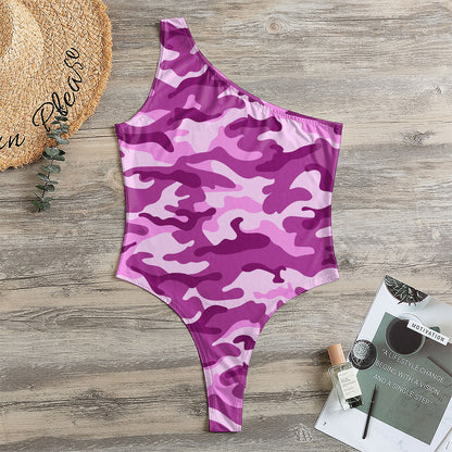 Pink Camouflage Print One Shoulder Bodysuit