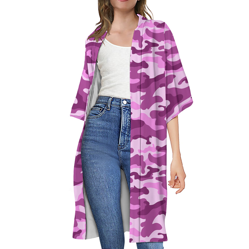 Pink Camouflage Print Open Front Beach Cover Up