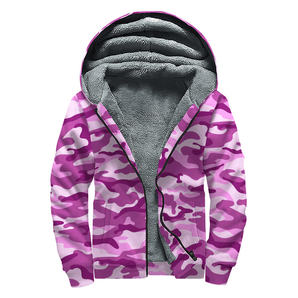Pink Camouflage Print Sherpa Lined Zip Up Hoodie