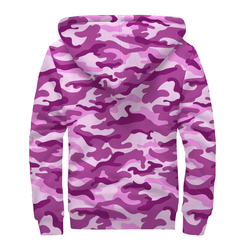 Pink Camouflage Print Sherpa Lined Zip Up Hoodie